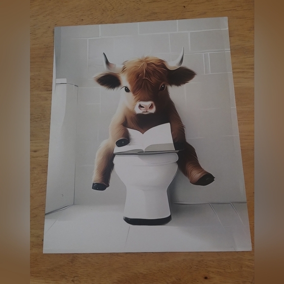 Other - New cute farmhouse bathroom decor  fuzzy cow on toilet 8x10 print